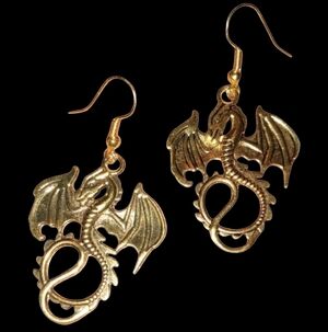 Dragon Earrings Gold Metal Charms Brass Dangle Charm Dragons Handmade Gift KATTA